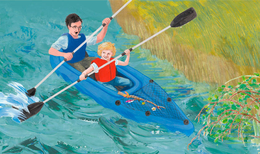 Canoeing illustration, collaged painted textures